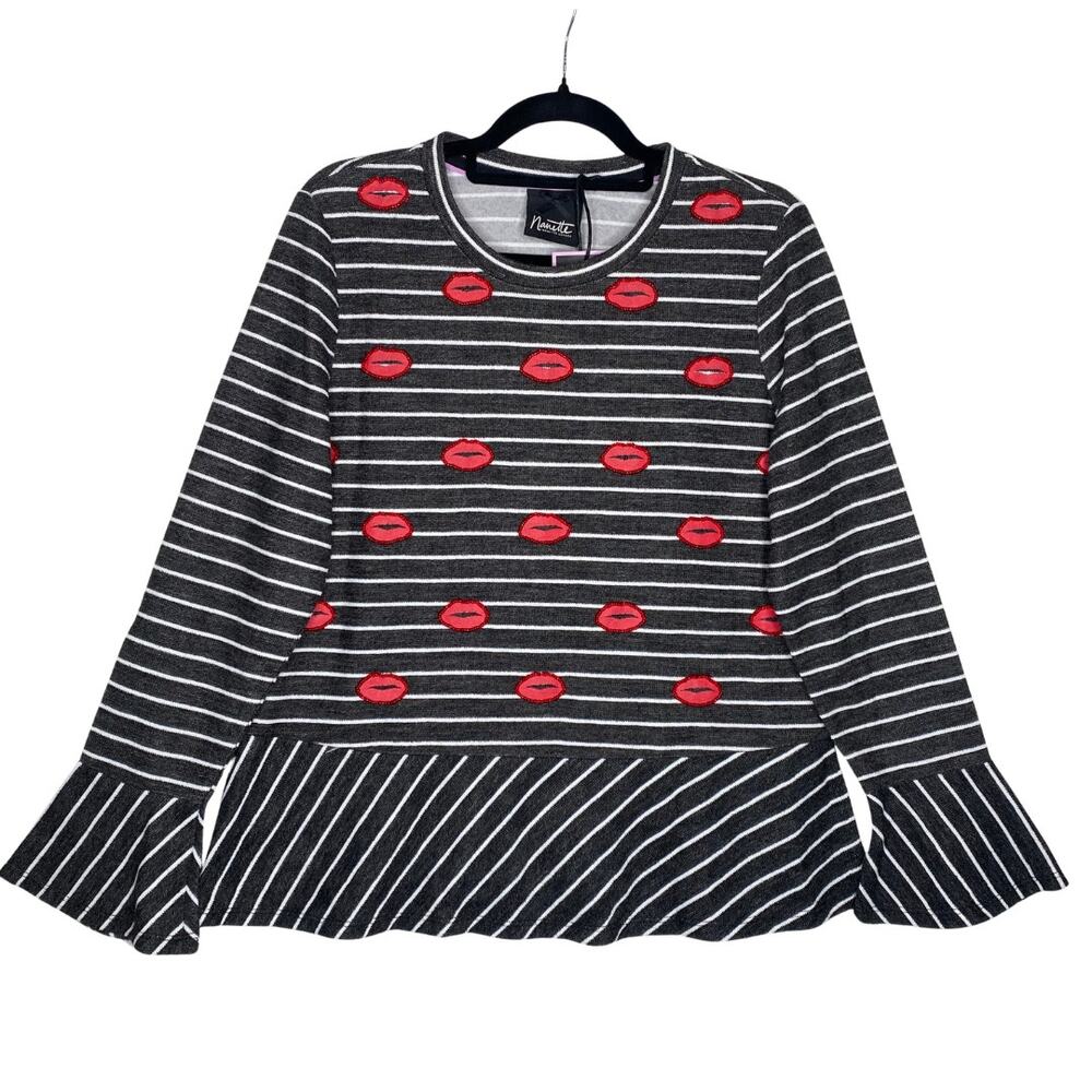 Nanette Lepore Beaded Kisses Striped Long Bell Sleeve Peplum Top Large Gray